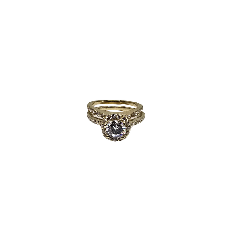 10k halo round gold double  ring zirconia stones