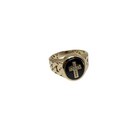 Divine Shadow: 10K Yellow Gold Men’s Ring with Cross on Black Background