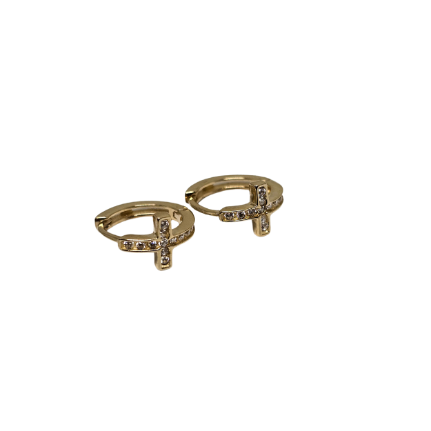 10k Huggies  Cross Earring Yellow Gold