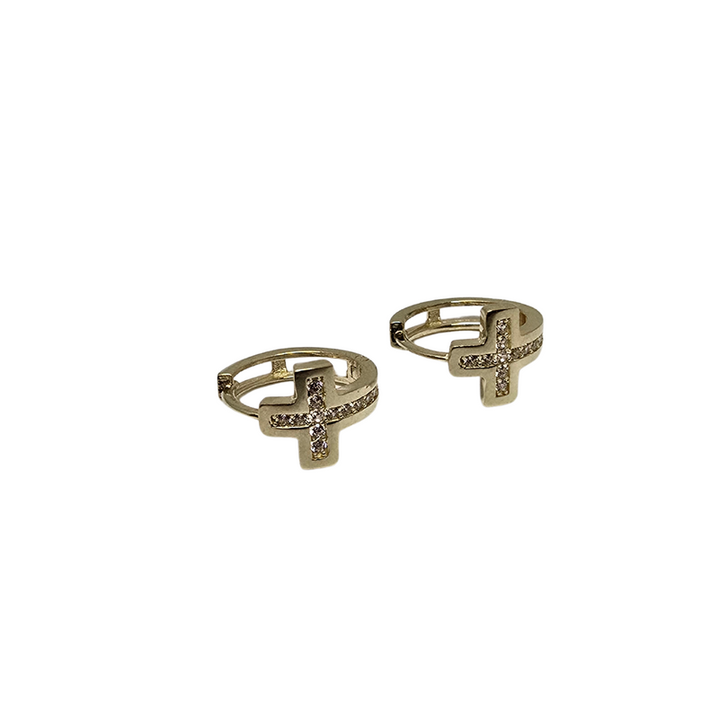 10K Yellow Gold Cross Huggies Earrings with Zirconia NEW