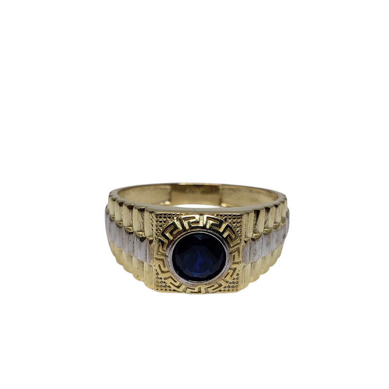 10K Duo Color Greek Design Round Blue Stone Ring