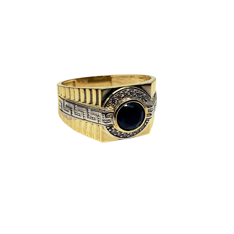 10K Greek Design Round Black Stone Ring