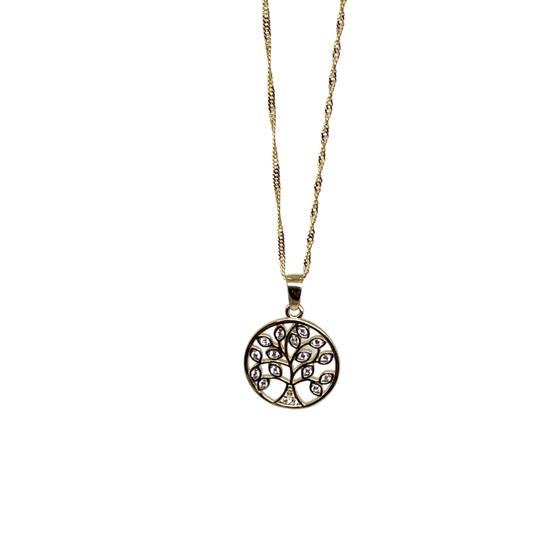 10k Gold Singapore Chain with Tree Of Life Pendant with stones