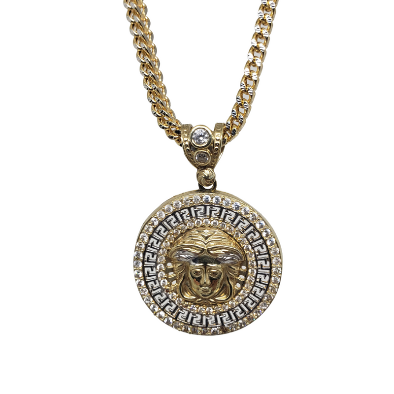 10k Diamond Cut Franco Chain With Round Greek Design Pendant