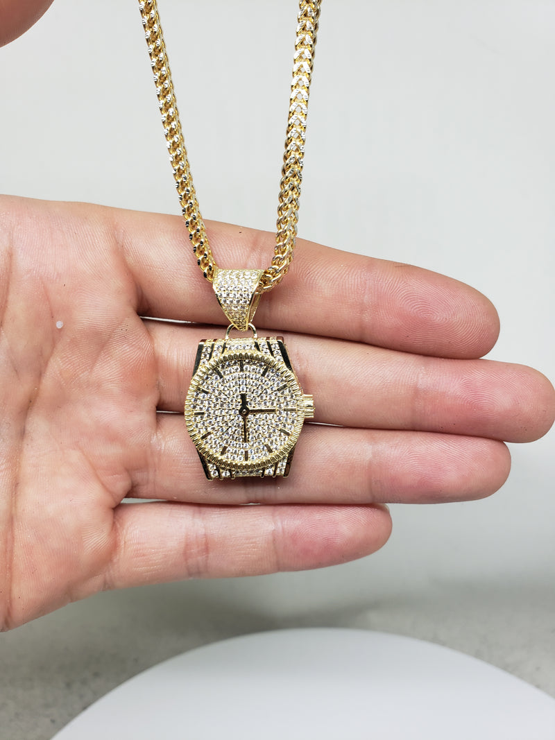 10k Diamond Cut Franco Chain With Watch Pendant