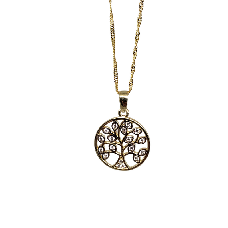 10k Gold Singapore Chain with Tree Of Life Pendant with stones