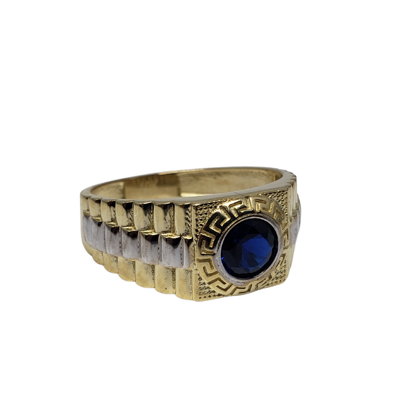 10K Duo Color Greek Design Round Blue Stone Ring