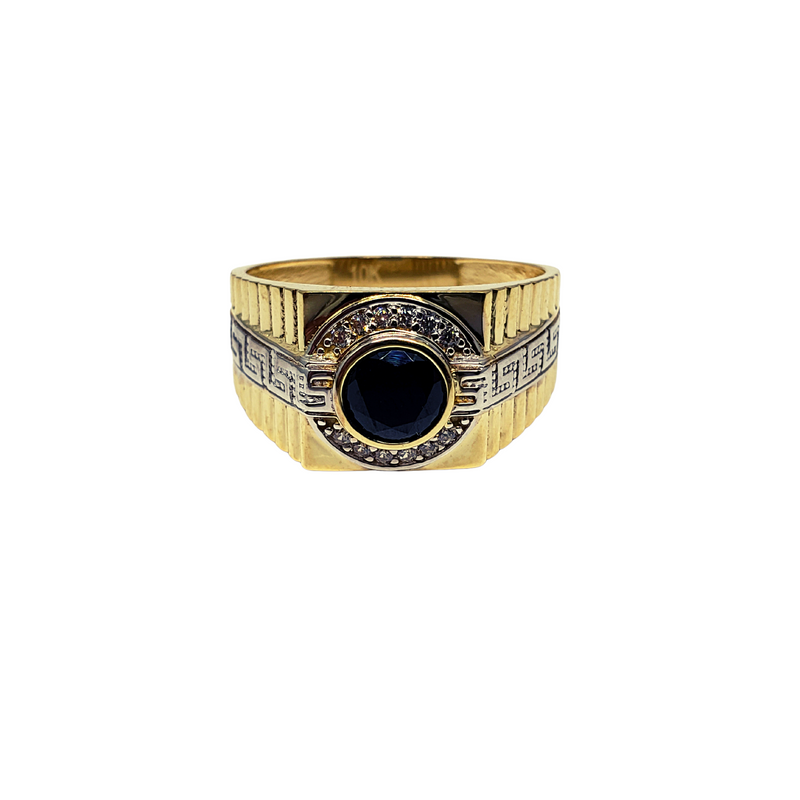 10K Greek Design Round Black Stone Ring
