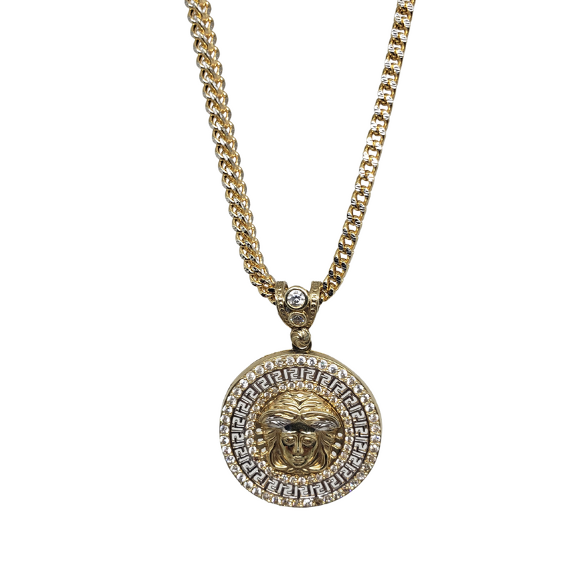 10k Diamond Cut Franco Chain With Round Greek Design Pendant