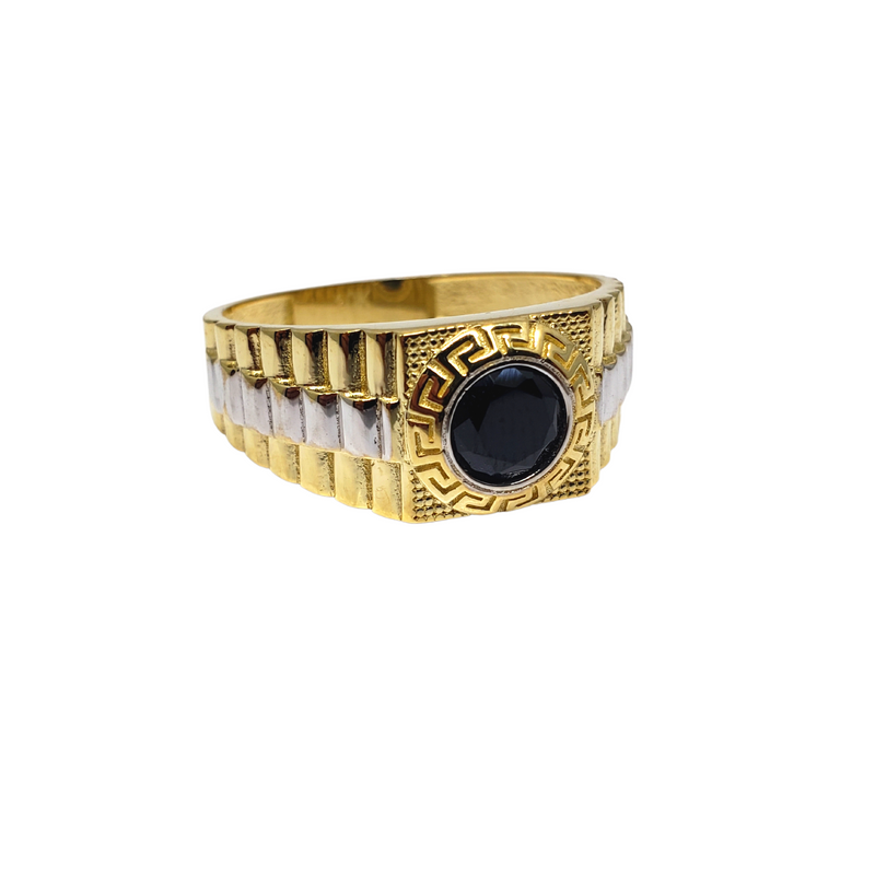 10K Duo Color Greek Design Round Black Stone Ring