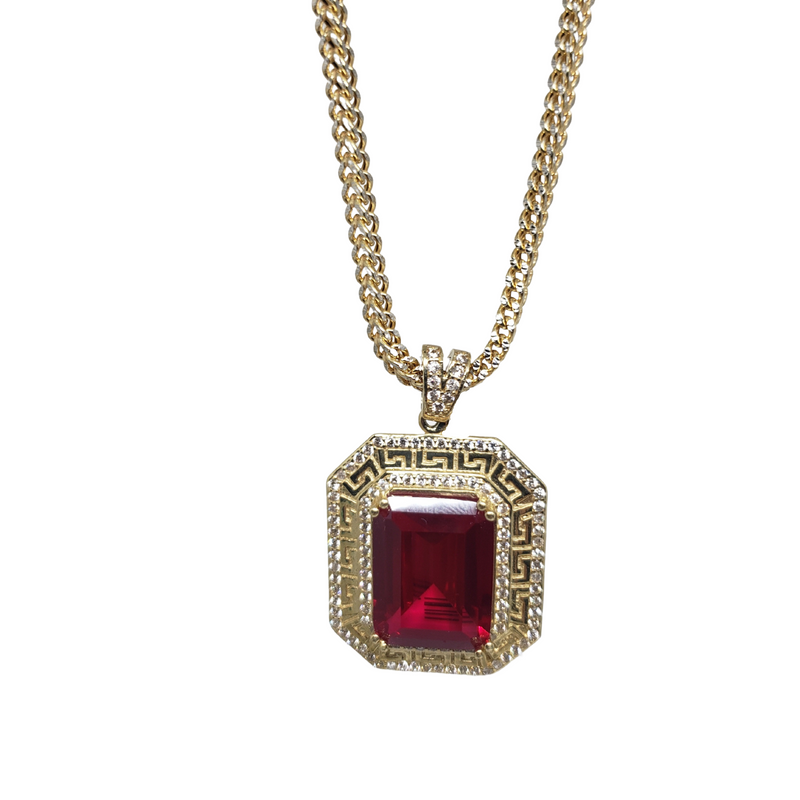 10k Diamond Cut Franco Chain With Red Rock Pendant